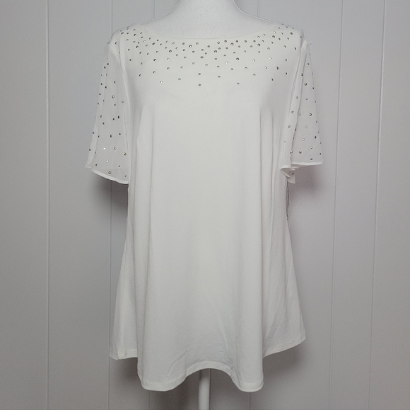 SALE NWT NY Collection White Flutter Sleeve Top Silver & Gold Studded Accents M - Picture 2 of 15